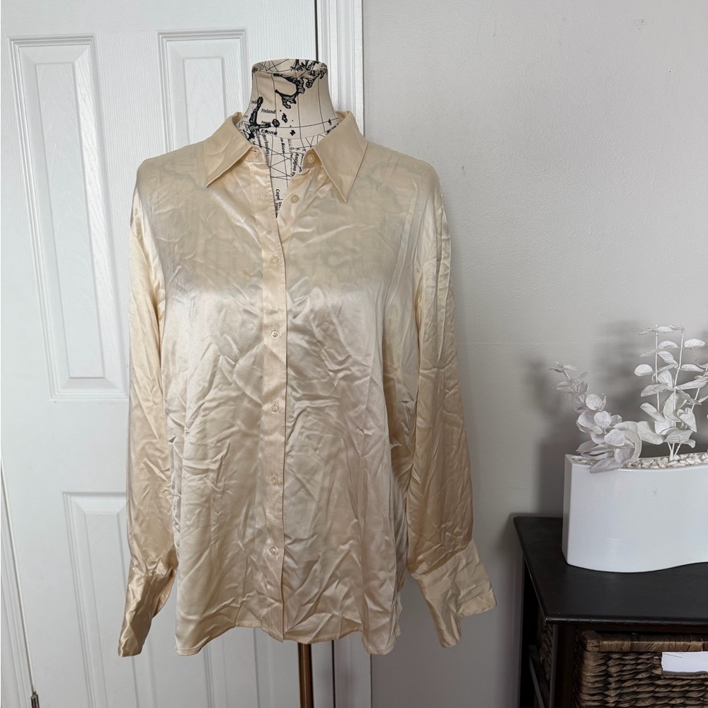 Ralph Lauren 100% Silk Blouse champagne Cream button down shirt Sz 18 minimalist